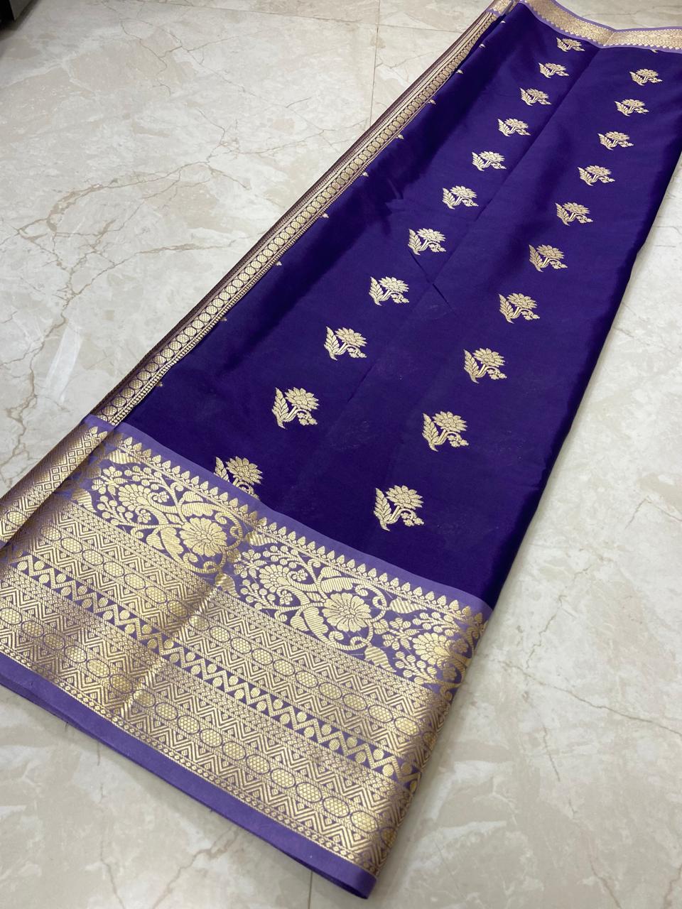 Banarasi Katan Silk Saree with Kanchi Border & Double Zari Butti Design